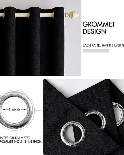 MIULEE Linen Texture Curtains for Bedroom Solid 100% Blackout Thermal Insulated Halloween Black Curtains Grommet Room Darkening Drapes for Living Room Nursery 52x45 Inch (2 Panels)