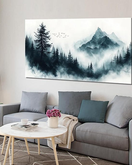 Foggy Forest Wall Art White Wall Decor Black Canvas Mountain Pictures Large Nature Artwork for Living Room Bedroom Dining Room Office 29" x 59"