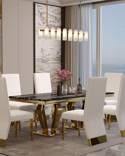 7 Piece Dining Table Set for 6, 78 inch Gold Dining Room Table Set with 6 White Leather Dining Chairs