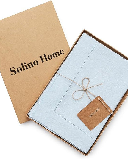 Solino Home Light Blue Linen Napkins Set of 4-100% Pure Linen Hemstitch Dinner Napkins 20 x 20 Inch for Christmas, Winter, New Year - Classic Hemstitch