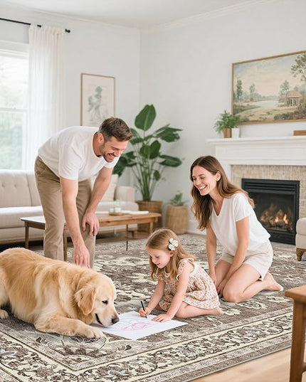 Dining Room Rugs for Under Table - Washable 6x8 Area Rug for Living Room Bedroom Soft Low Pile Non Slip Stain Resistant Carpet - Perfect for Homes with Pets & Kids (Beige, 6x8)