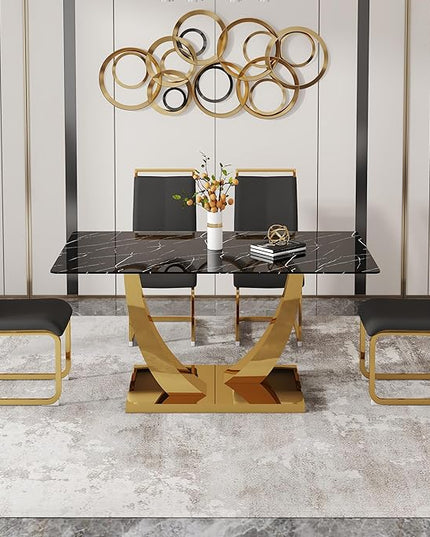 63” Dining Table Set for 4,Modern Gold Dining Room Table Set for 4, Faux Marble Kitchen Table Set with PU Leather Chairs,Black Dinner Table Set with Tempered Glass Top and Gold Base
