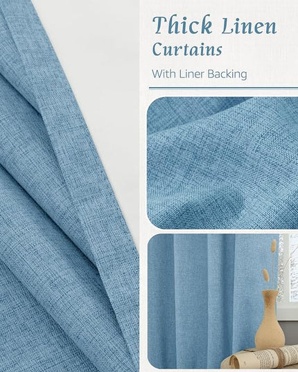 LAMIT Blue 100% Blackout Linen Curtains, 84 Inch Linen Textured Living Room Farmhouse Curtains Room Darkening Back Tab and Rod Pocket Burlap Neutral Panels with White Liner, 2 Panels, 52 x 84 Inch