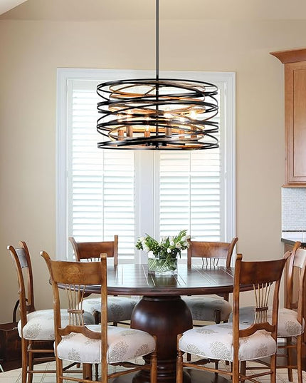Farmhouse Chandeliers for Dining Room, 5-Light Spiral Drum Large Pendant Lights Rustic Black Chandelier 19.7" Wood Grain Dining Room Light Fixture Metal Chandelier for Foyer Entryway Kitchen Bedroom