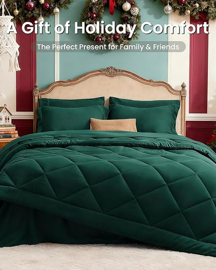 Love's cabin King Size Comforter Set Dark Green, 7 Pieces King Bed in a Bag, All Season Bedding Sets with 1 Comforter, 1 Flat Sheet, 1 Fitted Sheet, 2 Pillowcase and 2 Pillow Sham