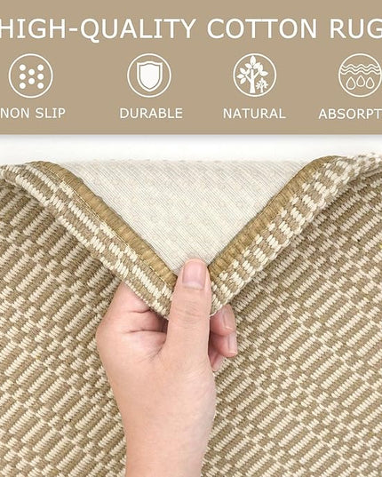 KOZYFLY Washable Area Rug 2x3 Ft Small Entryway Rug Indoor Door Mat Throw Rugs with Rubber Backing, Braided Cotton Floor Carpet for Front Entrance Bathroom Kitchen Foyer, Sand/Ivory