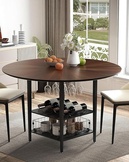 VFK 47" Round Kitchen Table Set with Storage Base & Metal Legs, 5-Piece Wooden Dining Set for 4 to 6 People, Includes 4 Upholstered Chairs for Dining Room, Living Room or Kitchen