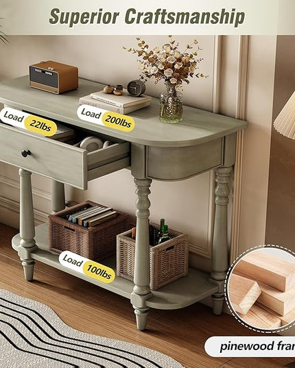 HMFULE Retro Curved Console Table, 36" Solid Wood Half Moon Console Table Sofa Table Entryway Table with 1 Drawer 1 Open Shelf Roman Legs Curved Corners for Living Room,Entryway,Hallway,Gray