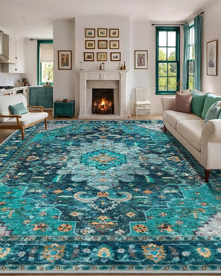 Ciicool 9x12ft Vintage Washable Area Rug,Large Oriental Throw Carpet,Non-Slip Low Pile Rug for Living Room, Bedroom, Dining Room, Office, Kitchen（Teal/Multi）