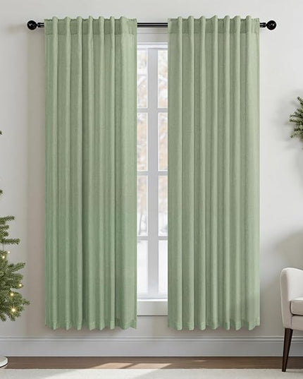 Light Sage Curtains 38 Inch Wide for Windows 2 Panels Back Tab Pocket Semi Sheer Linen Light Filter Lightweight Avocado Green Curtains for Bedroom Living Room Closet Doors Width 38 x 63 Length