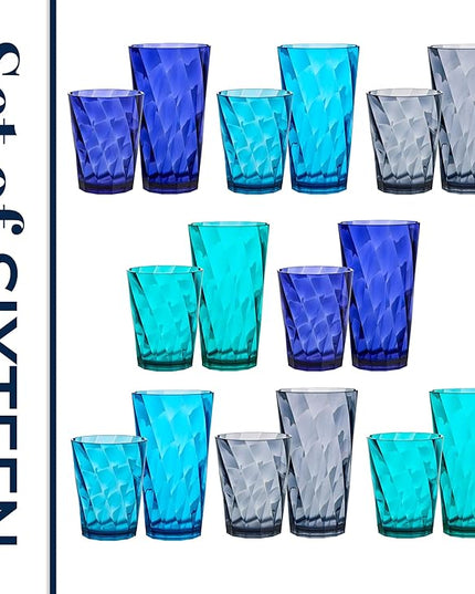 US Acrylic Optix Plastic Reusable Drinking Glasses (Set of 16) 14oz Rocks & 20oz Water Cups in Coastal Colors | BPA-Free Tumblers, Made in USA | Top-Rack Dishwasher Safe