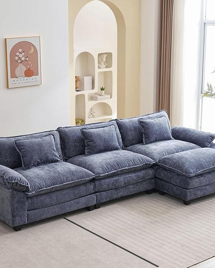 120" Modular Sectional Sofa, Comfy Cloud Couch Sectional Sofa with Ottoman, Chenille Sofa Sleeper Deep Seat Sofa with Throw Pillows for Living Room (Blue, 120"- L Shape)