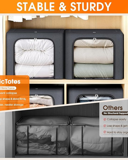 8 Pack Clothes Storage Bins with Metal Frame,40L Storage Bags Fabric Box Organizer with Clear Window,Zippers,Sturdy Handles(8 Pcs,Light Grey,40L)