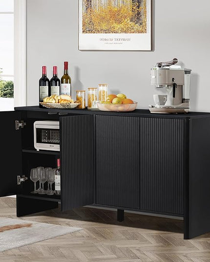 Sideboard Buffets Cabinet, Modern Accent Storage Cabinet with 4 Fluted Doors and Adjustable Shelves, Wood Credenza Buffet Sideboards, Console Table for Kitchen Dining Living Room Entryway (Black)