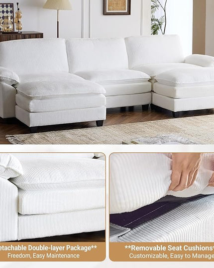 VINGLI 121" L Shape Sectional Couch, Convertible Sectional Couch for Small Living Room,Modern 3-Seat Convertible Loveseat Sofa with 2 Ottoman in Corduroy,White