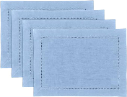 Solino Home Linen Cloth Placemats Set of 4-100% Pure Linen Hemstitch Cornflower Blue Placemats 14 x 19 Inch - Classic Hemstitch Table Place Mats for Christmas, Holiday, New Year