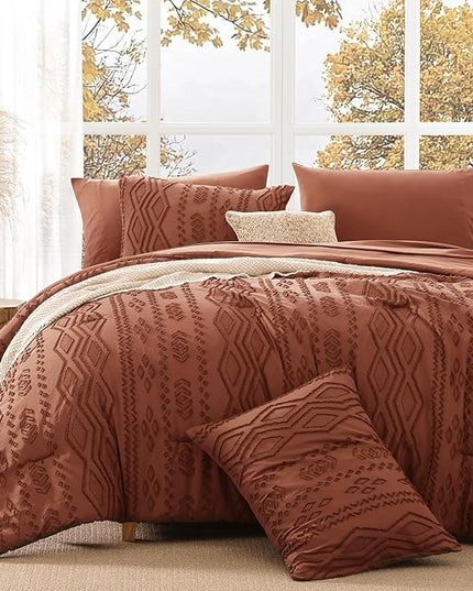 King Size Comforter Set Autumn Leaf, Tufted Boho Bedding Farmhouse Bed Set, All Season 7 Pieces Bed in a Bag with Sheets, Pillowcases & Shams