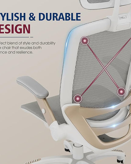 GABRYLLY Ergonomic Office Chair, High Back Home Desk Chair with Headrest, Flip-Up Arms, 90-120° Tilt Lock and Wide Cushion, Big and Tall Mesh Chairs for Man Woman, White Task Chair