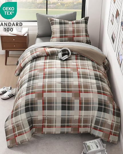 MaiRêve Twin XL Comforter Set, Plaid Design Comforter Set 5 Pieces,Twin XL Comforter for Dorm Farmhouse All Season Lightweight &Comfy with Fitted Sheet, Flat Sheet (Khaki, 66"x90")