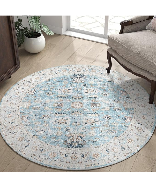 jinchan Round Rug 5ft Area Rug - Washable Boho Vintage Floral Circle 5' Round Floor Cover Lightweight Low Pile Thin Throw Non-Slip Carpet for Kitchen Living Room Bedroom Dining Room Office Light Blue