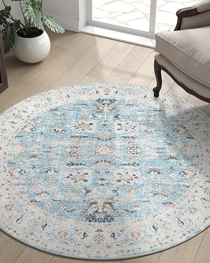 jinchan Round Rug 4ft Area Rug - Washable Boho Vintage Floral Circle 4' Round Floor Cover Lightweight Low Pile Thin Throw Non-Slip Carpet for Kitchen Living Room Bedroom Dining Room Office Light Blue