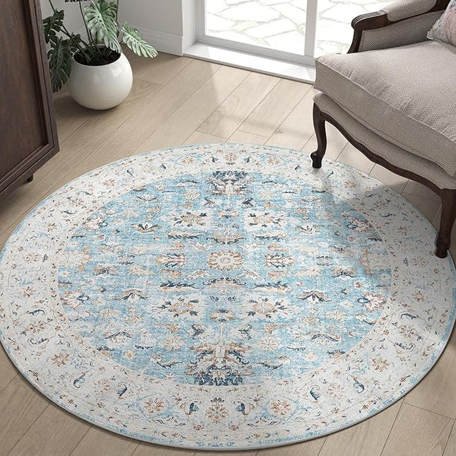 jinchan Round Rug 4ft Area Rug - Washable Boho Vintage Floral Circle 4' Round Floor Cover Lightweight Low Pile Thin Throw Non-Slip Carpet for Kitchen Living Room Bedroom Dining Room Office Light Blue