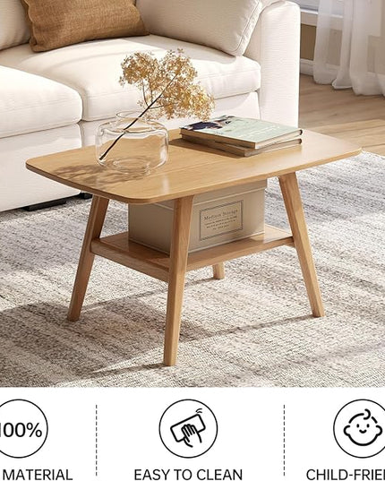 100% Solid Oak Wood Coffee Table for Living Room, Small Table with Shelf Storage, Mid Century Modern Coffee Tables with Rounded Corners for Home (Natural, 31.49" x 19.68" x 17.32")