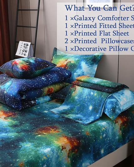 JQinHome Queen Galaxy Comforter Sets 6 Piece Bed in A Bag, Outer Space Themed Bedding for Children Boy Girl Teen Kids,1 Comforter, 1 Flat Sheet, 1 Fitted Sheet, 2 Pillowshams, 1 Cushion Cover(Blue)