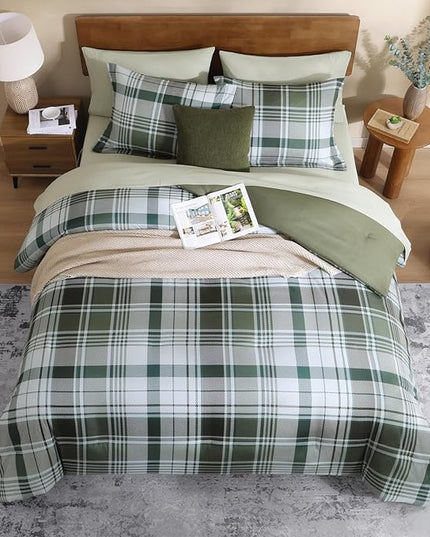 MaiRêve Plaid Queen Comforter Sets Olive Green, Classic Farmhouse Bedding Set Bed in a Bag 7 Pieces, Lightweight All Season Comforter Set with Fitted & Flat Sheet, Pillowcases & Shams
