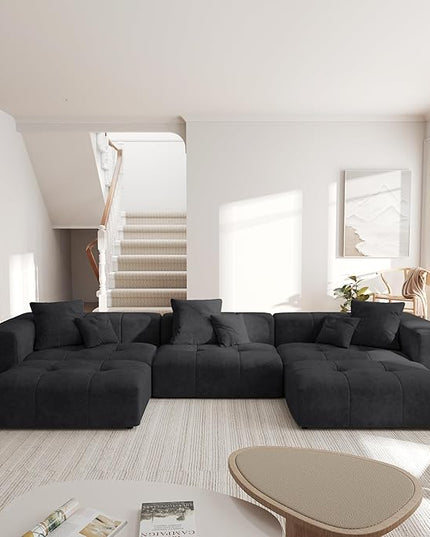 JACH 144.1 Inch U-Shaped Modular Sofa, Mid Century Modern Deep Seat Sectional Couch, 3-Seater Sofas with Chaise Ottomans for Living Room, Cozy Sofas for Apartment, Living Room (Linen Fabric, Black)