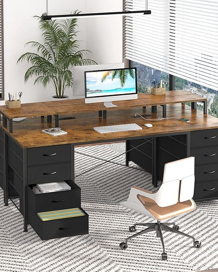 60 Inch Computer Desk with 8 Fabric Drawers, Gaming Desk with LED Lights & Power Outlets, Home Office Desk with Monitor Stand, Rustic Brown