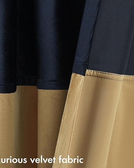 BULBUL Color Block Window Curtains Panels 90 inches Long Navy Blue Gold Velvet Farmhouse Drapes for Bedroom Living Room Darkening Treatment with Grommet Set of 2