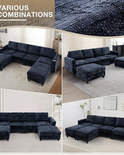 110" Chenille Sectional Sofa with Movable Ottomans, Modular U-Shape Couch with Cup Holders, Convertible 4 Seater Sofa with Well-Filled Backrest Cushions for Living Room, House, Blue