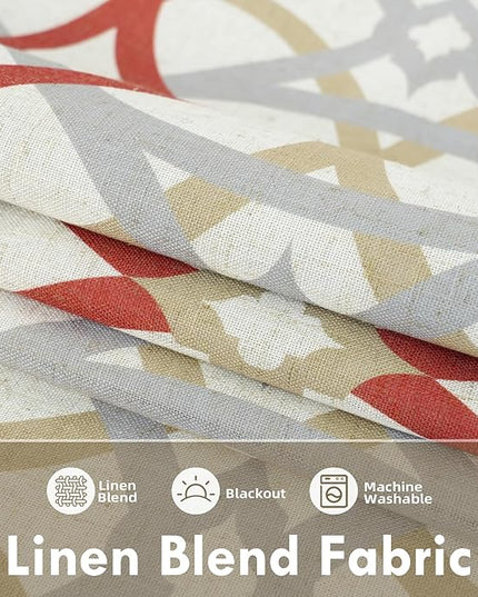 DriftAway Alexander 100% Blackout Curtains for Living Room Linen Blend Pattern Match Thermal Insulated Room Darkening Geo Moroccan Mid Century Back Tab Bedroom Drapes 2 Panels 52 x 96 Inch Linen Red