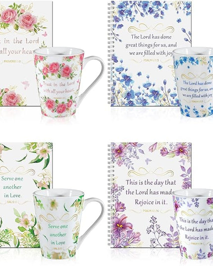 Eaasty 8 Pcs Christian Gifts 4 Ceramic Coffee/tea Mug Set for Women Floral Bible Verse Mug Set 4 Inspirational Religious Writing Notebook Journal with Scripture Religious Spiral Journal for Xmas