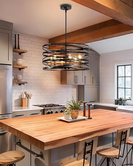 Farmhouse Chandeliers for Dining Room, 5-Light Spiral Drum Large Pendant Lights Rustic Black Chandelier 19.7" Wood Grain Dining Room Light Fixture Metal Chandelier for Foyer Entryway Kitchen Bedroom