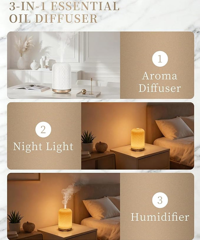 Essential Oil Diffuser,120ML 2.4MHz Ultrasonic Aromatherapy Diffusers for Essential Oils Large Room, Ceramic Diffusers Decorative Aroma Diffuser, Ideal Air Diffusers for Home, Room Decor, Yoga, White