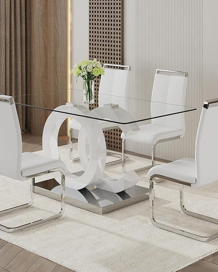Ebullient Glass Dining Table Set for 4 ，5 Piece Dining Table Set,Tempered Glass Table Top，White Modern Dining Room Table with 4 PU Leather Ergonomic Dining Chairs