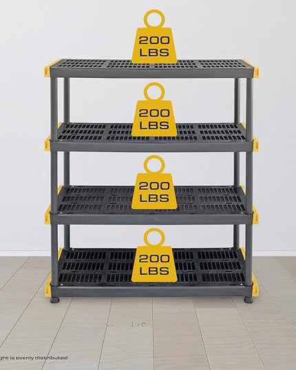 CX Black & Yellow, 4-Tier Heavy Duty Plastic Storage Shelving Unit, 200lbs/shelf (55"H x 48"W x 20"D), for Garage Tools, Basement & Outdoor Organization, Modular Rack