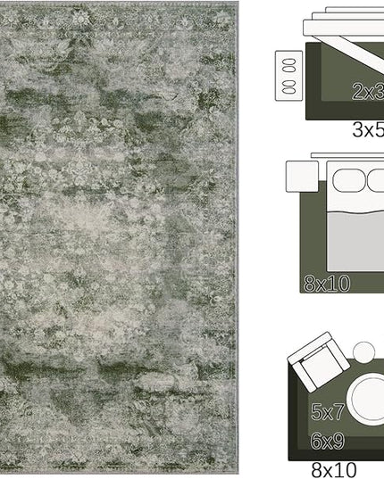 jinchan Green 5x7 Area Rugs - Machine Washable Vintage Floral Distressed Design Soft Low-Pile Non-Slip Christmas Carpet for Bedroom Nursery Living Room Dining Room Home Office (5x7ft, Forest Green)