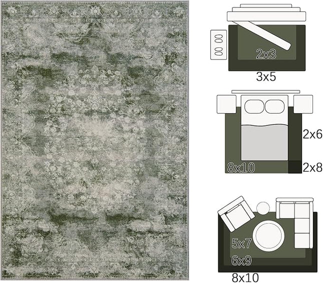 jinchan Washable Area Rug 8x10 for Living Room - Soft Faux Wool Ultra-Thin Stain Resistant Non-Slip Distressed Vintage Floral Large Christmas Carpet for Bedroom Home Office, Nursery(Green, 8'x10')