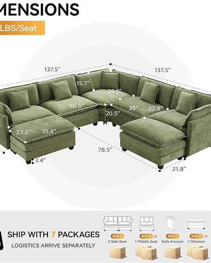 137'' V Shaped Cloud Sectional Sofa, Oversized Deep Seat Couches for Living Room, Chenille Comfy Upholstered Modular Sectional Sofa Couch with 2 Movable Ottoman, Green