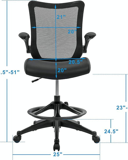 OfficeFactor Drafting Chair Tall Office Chair, 300 lb Capacity Standing Desk Chair, Adjustable & Ergonomic Desk Chair, Flip-Up Armrests, Mesh Back, Comfortable Leather (Black)