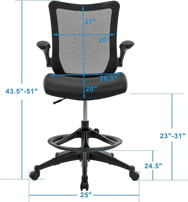 OfficeFactor Drafting Chair Tall Office Chair, 300 lb Capacity Standing Desk Chair, Adjustable & Ergonomic Desk Chair, Flip-Up Armrests, Mesh Back, Comfortable Leather (Black)