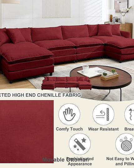 Modular Sectional Sofa,143.31'' Modern Sofa Sleeper Couch,Comfy Cloud Couches with 4 Seat & 2 Ottoman & 4 Pillows Sofa Set,Deep Seat Sofa with Movable Ottoman for Living Room,Chenille (Red, U Shaped)