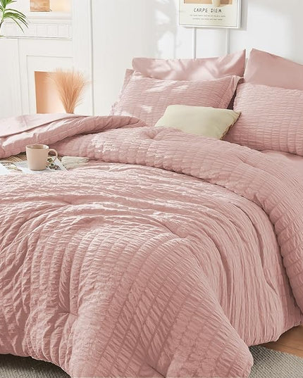 HYMOKEGE Rose Gold King Size Comforter Set Seersucker 7 Pieces, All Season Luxury Bed in a Bag for Bedroom, Bedding Set with Comforters, Sheets, Pillowcases & Shams