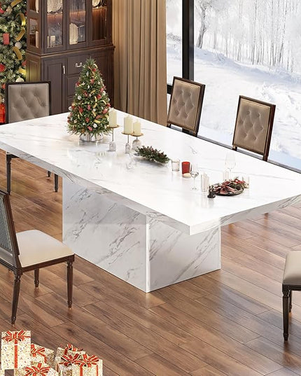 HSH 71” White Faux Marble Dining Table, Rectangle Modern Dinner Kitchen Table for 6-8, Farmhouse Long Kitchen Furniture for Living Room, Industrial Wood Dining Room Table with Sturdy Base