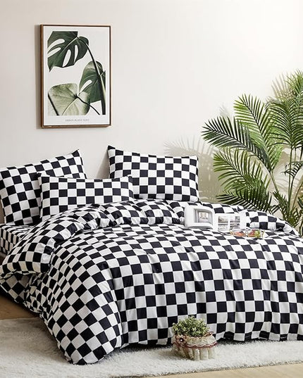 CLOTHKNOW Black White Plaid King Size Comforter Set Grid Bedding Comforter Sets Soft Checkered Comforter Black White Comforter with 2 x Pillow Cases