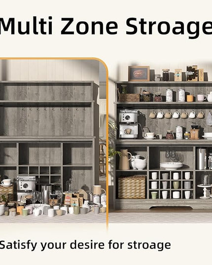 55'' Farmhouse Coffee Bar Cabinet with 3 Tier Storage Hutch, Coffee Bar Station with Sliding Barn Door, Hutch Storage Cabinet with 12 Wine Racks & 9 Hooks for Kitchen Dining Living Room