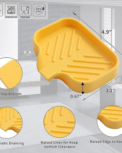Silicone Bathroom Soap Dishes with Drain Spout-Bathroom and Kitchen Sink Organizer,Sponge Holder,Dish Soap Tray,Perfect for Dispenser,Scrubber,Bottle,Cup on Sink or Counter-Yellow 4.9"×3.2"